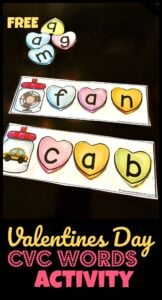 FREE Valentines Day CVC Words Activity - fun, hands on educational activity to help preschool, prek, kindergarten, and first grade student practice reading readingess, phonemic awareness, and beginning phonics with a clever Valentiens Day activity for february #cvcwords #valentinesday #preschool #prek #freeprintable