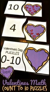 FREE Valentines Math Count to 10 Puzzles - super cute preschool math activity for february to practice counting to 10 with these sugar cookies. #preschool #preschoolmath #countot10 #valentinesday #preschoolprintable