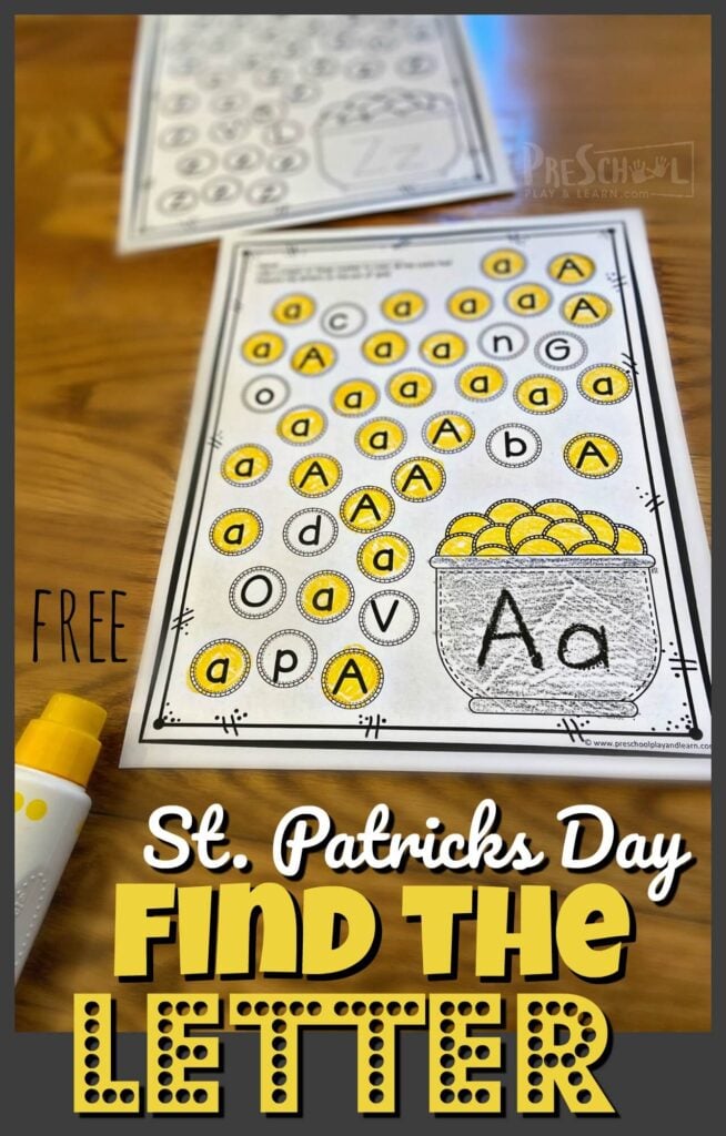 Make working on letter discrimination FUN with these super cute, Pot of Gold St patricks day worksheets. This free printable St patrick's day activities for preschoolers is fun for toddler, preschool, pre-k, and kindergarten age students who are learning their alphabet letters. Children will use a dot marker or colour the uppercase and lowercase letters for the gold coins that belong in the pot of gold. Simply print pdf file with st patrick's day printables and you are ready to play and learn!