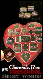 FREE Chocolate Box Preschool Sight Words - fun, hands on educational activity to help prek, preschoolers, and kindergartners to improving reading skills with a fun valentines day activity to improve fluency with dolch sight words #valentinesday #preschool #prek #sightwords