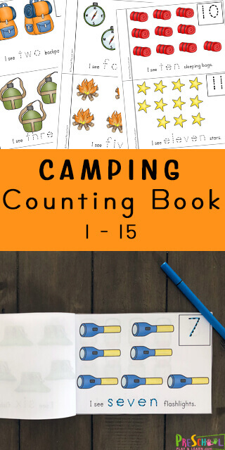 Young children will enjoy learning to count from one to fifteen with these camping worksheets for preschoolers you can make into a Camping Counting Book. This free printable math activity is a fun camping activities for preschoolers to sneak in some fun learning with a camping theme, summer theme, or spring activity for preschool. Simply print pdf file with camping math!  