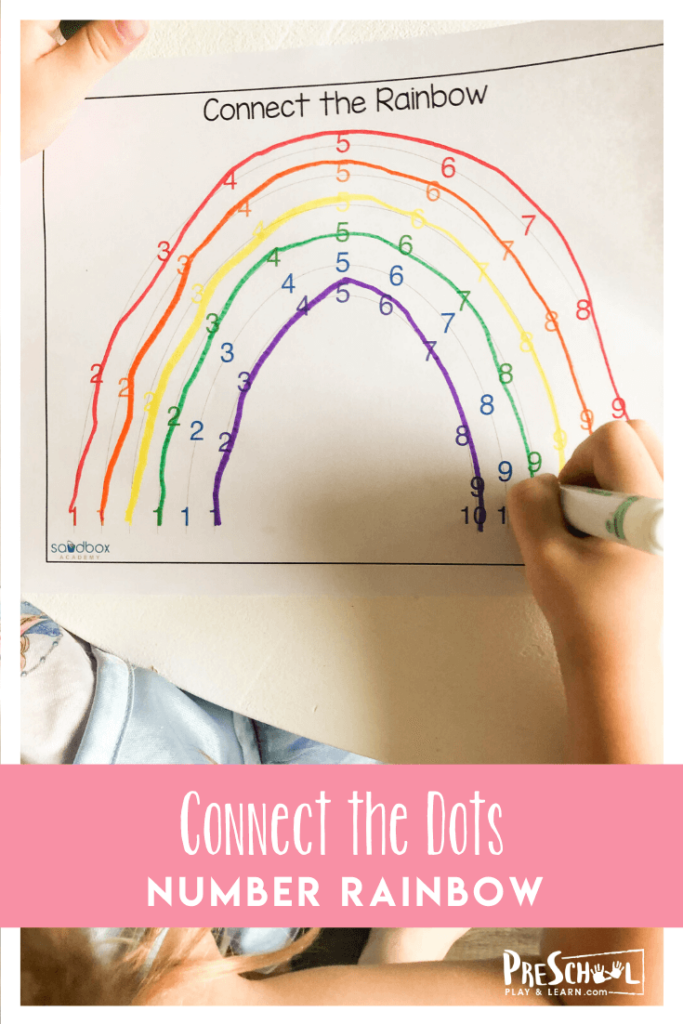 FREE Connect the Dots Number Recognition Rainbow activity - toddler, preschool, pre k, and kindergarten age kids will have fun working on visual discrimination as they complete their dot to dot going from 1-10. This free preschool worksheet is also great for working on color recognition with a spring, rainbow theme activity