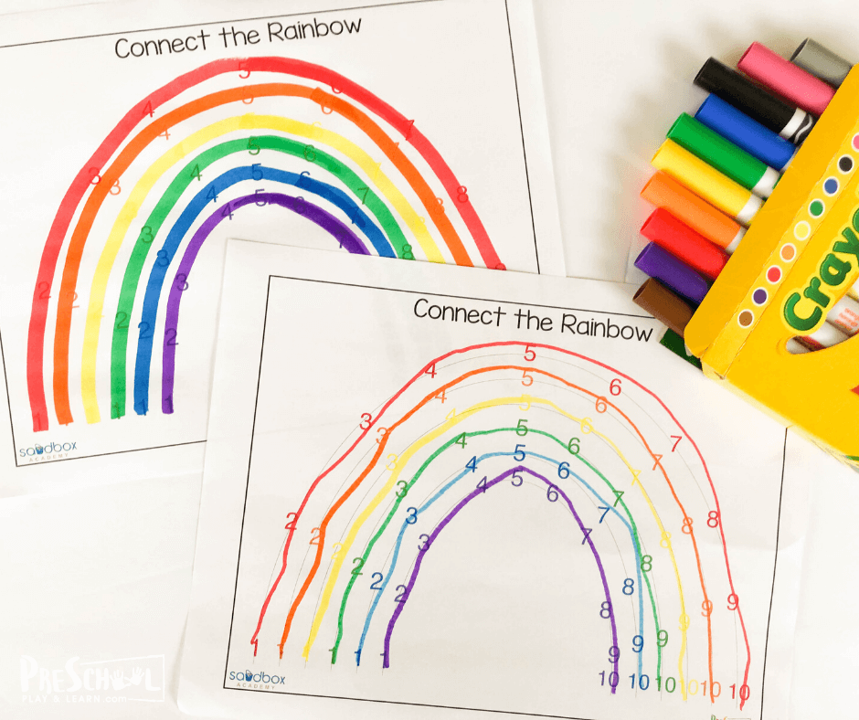 Cute rainbow activity to work on fine motor skills, counting to 10, and color recognition with preschool children