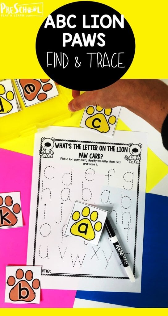 Kids will have so much fun choosing lion paw alphabet cards and tracing their letters with this fun and effective ABC Match. In this letter matching, children will find the letter for the card they draw and trace the letter. This is such a great way for preschool, pre-k, and kindergarten age children to have fun and learn with an alphabet matching game.  Siimply print pdf file with letter matching printable and you are ready to play and learn with an engaging alphabet activity for preschoolers!