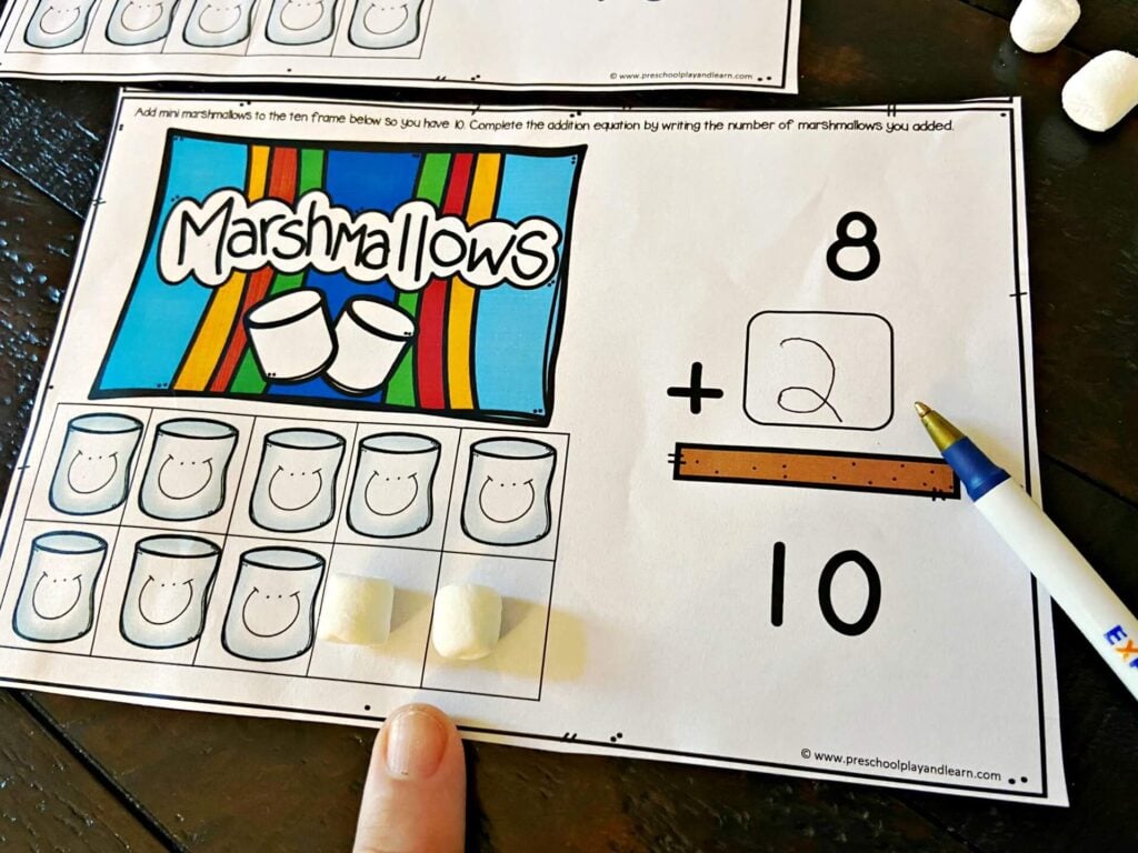 write the number of marshmallows you need to add to complete your ten frame. This is such a fun, hands on Addition Within 10 activity for preschool, pre k, and kindergarten age students