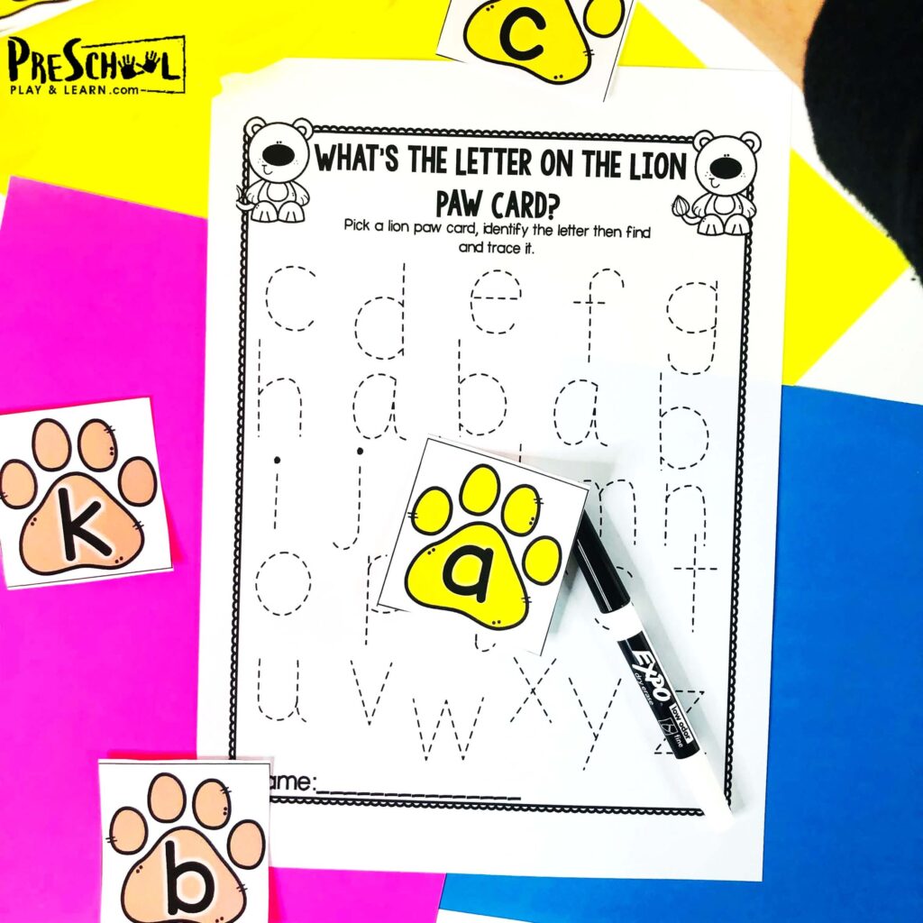 preschooler, pre k, and kindergartners will pick a lion paw, match it to the letters on the sheet, and complete the Alphabet Tracing Worksheets