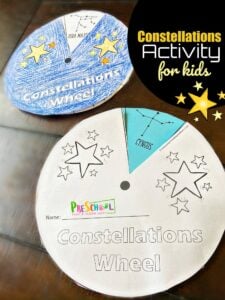 FREE Constellations Printable Wheel for kids to spin and learn about major star formations. Perfect for astronomy unit, solar system for kids activity, hands on science and more for preschool, pre k, kindergarten, first grade, 2nd grade, 3rd grade, 4th grade students