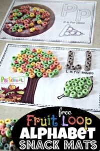 These Fruit Loop Alphabet Snack Mats are so clever! Children will practice color recognition, pincer grip, and letter recognition with these free abc printables.  Complete with letter and pictures in the fruit loops coloring pages with fruit loops or skittles! Play, Snack, Repeat! These are perfect for toddler, preschool, pre k, kindergarten, and grade 1 students.