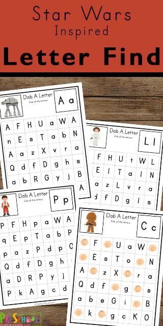 Help preschool, pre-k, and kindergarten ages studen work on letter discriminiation  with these star wars worksheets. These find the letter worksheets will help children practicing identifying uppercase and lowercase letters while having fun with star wars printable activities. There is a star wars printables for every letter of the alphabet from A to Z. Simply print pdf file with letter find worksheets and youa re ready to play and learn with this star wars activity.
