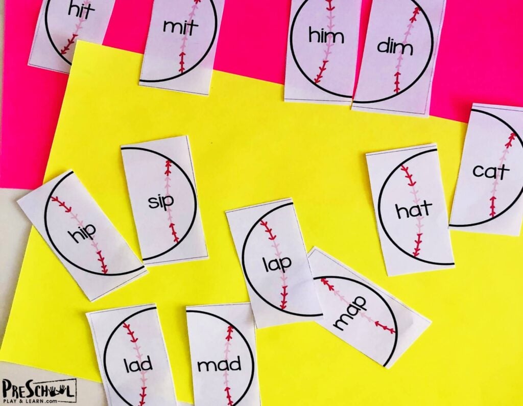 Rhyming CVC Words with baseball puzzles for pre k, kindergarten, first grade