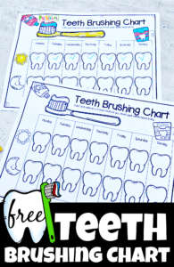 FREE Teeth Brushing Chart - super cute printable to help toddler, preschool, pre k, kindergarten, and first graders remember to brush their teeth twice a day! Print in color or black and white.