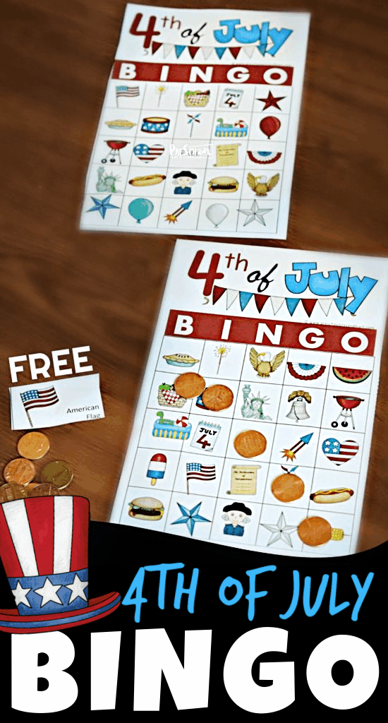 Celebrate Independence Day with kids by playing this FREE printable, 4th of July BINGO! This 4th of July printable makes fun 4th of july games for the whole family with kids from toddler, preschool, pre-k, kindergarten, first grade, 2nd grade, 3rd grade, and up. You will love that this 4th of July activity for kids is low prep and great for kids of all ages! Simply print pdf file with 