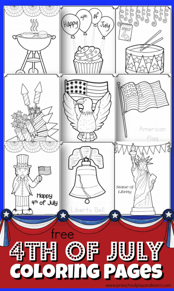 Teach kids about American patriotic symbols and our indepence day this fourth of july with these super cute, 4th of July Coloring Pages.  Use these fourth of july coloring pages with toddler, preschool, kindergarten and elementary age kids in first grade, 2nd garde, 3rd grade, 4th graders and up. Simply print pdf file with statue of liberty, American flag, liberty bell, eagle, grill, fireworks, Uncle Sam, fife & drum, balloons, and more 4th of july coloring sheets for a NO PREP 4th of July activity for kids! 