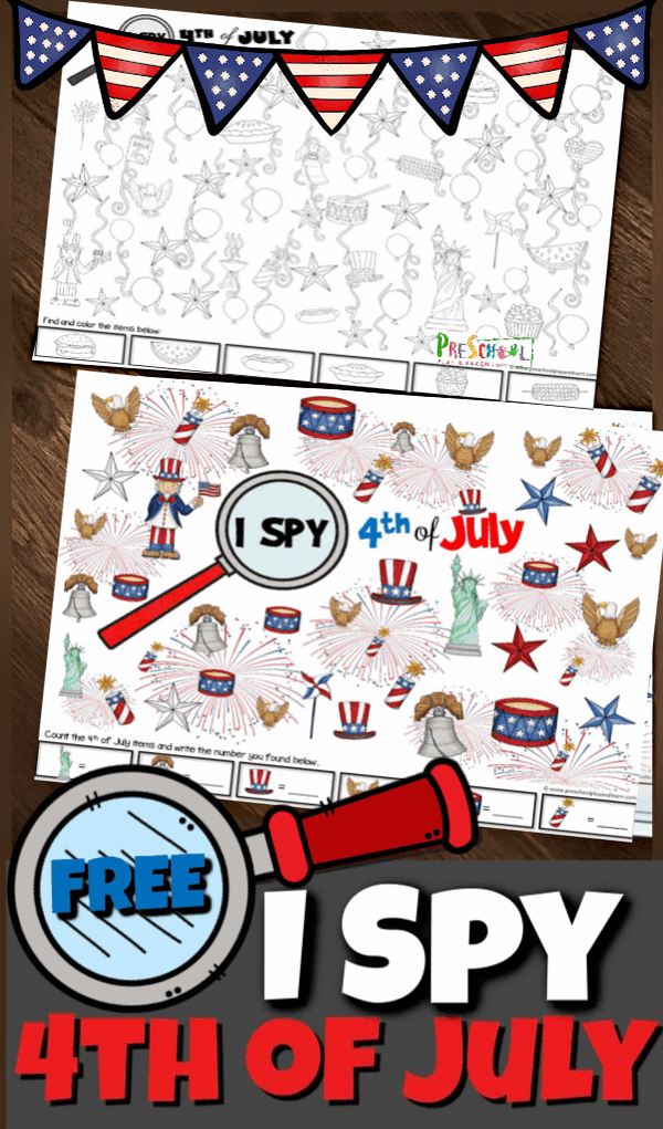 Kids will have fun working on visual discrimination, counting, and strengthing hand muscles while coloring these 4th of july i spy pages. These 4th of July printables are a fun way for preschool, pre-k, kindergarten, and first graders to celebrate Independence Day on the fourth of July.  Your kids will love these fourth of July activity pages where they will find patriotic items such as American flags, bunting, Uncle Sam, the liberty bell, Statue of Liberty, and more. Simply print pdf file with 4th of july worksheets and have fun with this 4th of july activity for kids.