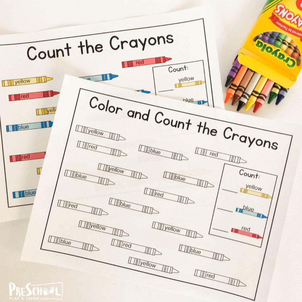 Color Worksheets for preschoolers with a fun crayon theme; print in color or mostly black and white
