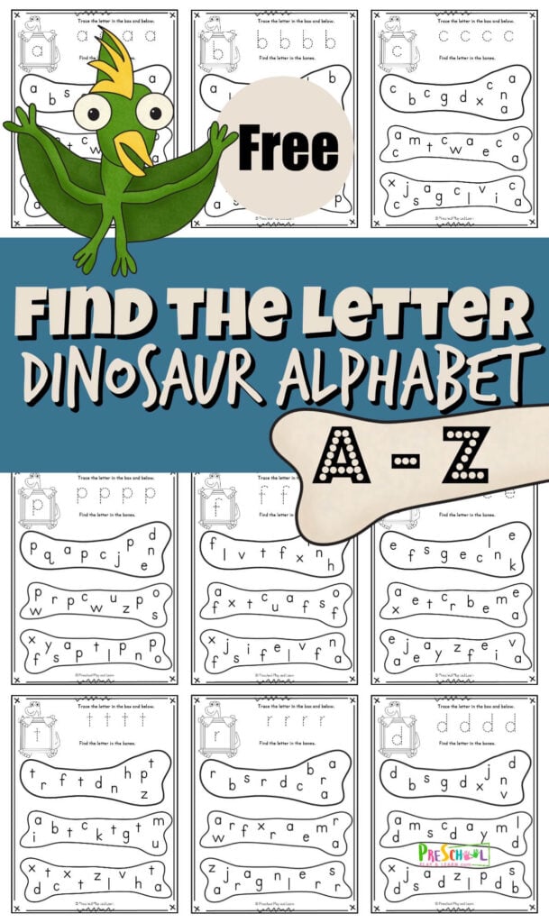 Make practicing learning lowercase letters fun with this dinosaur alphabet printable. Use these dinosaur worksheets with toddler, preschool, pre-k, or kindergarten age students to work on letter discriination. These preschool letter worksheets include a place to practice tracing lower case letters as well as a bone filled with letters to dab with bingo marker. Simply print the find the letter worksheets pdf file with letter find worksheets perfect for your upcoming dinosaur theme. My kids just love dot marker printables.
