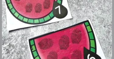 Make counting fun with this hands on, summer themed counting activity. Simply grab the pdf file, print and have toddler, preschool, pre k, and kindergarten age students use washable ink or tempera paint to add seeds to the Watermelon Counting activity. 