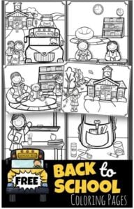 Get ready for the first day of school with these super cute, free printable, Back to School Coloring Pages perfect for toddler, preschool, pre k, kindergarten, first grade, and 2nd grade students. Each of the free coloring pages features school themed pictures to color such as school bus, school building, reading nook, teacher at a blackboard, school backpack, and more.