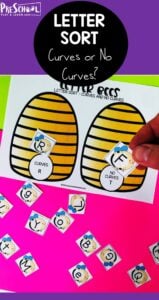 Preschool kids will love sorting between letters with curves and no curves with this fun bee themed mats! These mats are no prep, just print the mat (colour or black and white) and then laminate it and the bee cutouts and you’re set.