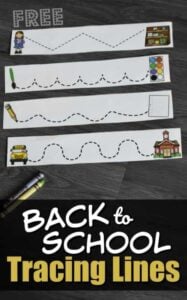 Help toddlers and preschoolers work on pre-writing skills with these super cute tracing lines worksheets for 3 year olds. These tracing lines for preschoolers are a fun, low prep, educational activity for August, September, or any time of the year! Use the strips to help kids improve fine motor pencil skills as they trace liens from school bus to school, pencil to paper, paint brush to paint, child to books, and more. Simply print tracing lines worksheets for 3 year olds pdf download and you are ready to practice!