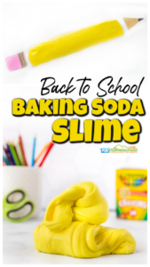 Are your kids as crazy about slime as mine are? My kids love playing with slime and trying different types of slime. In our experimenting, we came up with this cool baking soda slime. This slime uses baking soda as the activator for a wonderful sheen and flow without being sticky at all! And with the first day of school just around the corner, we decided to make a yellow pencil slime as a back to school activities! We also like to make it a lego brick slime for a silly lego activities for kids too! Come see how to make slime with baking soda and get playing with your preschool, pre-k, kindergarten, first grade, 2nd grade, and 3rd graders.