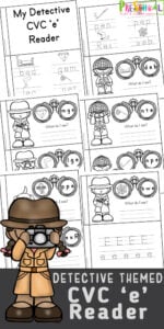 Become a super sleuth with this fun, free printable Detective Themed CVC Words Short e reader. This cvc short e is a great way to help preschool, pre-k, kindergarten, and first grade students to practice the phonics skills they've been learning on letter sounds, beginning sounds, middle sounds, and ending sounds to make words!