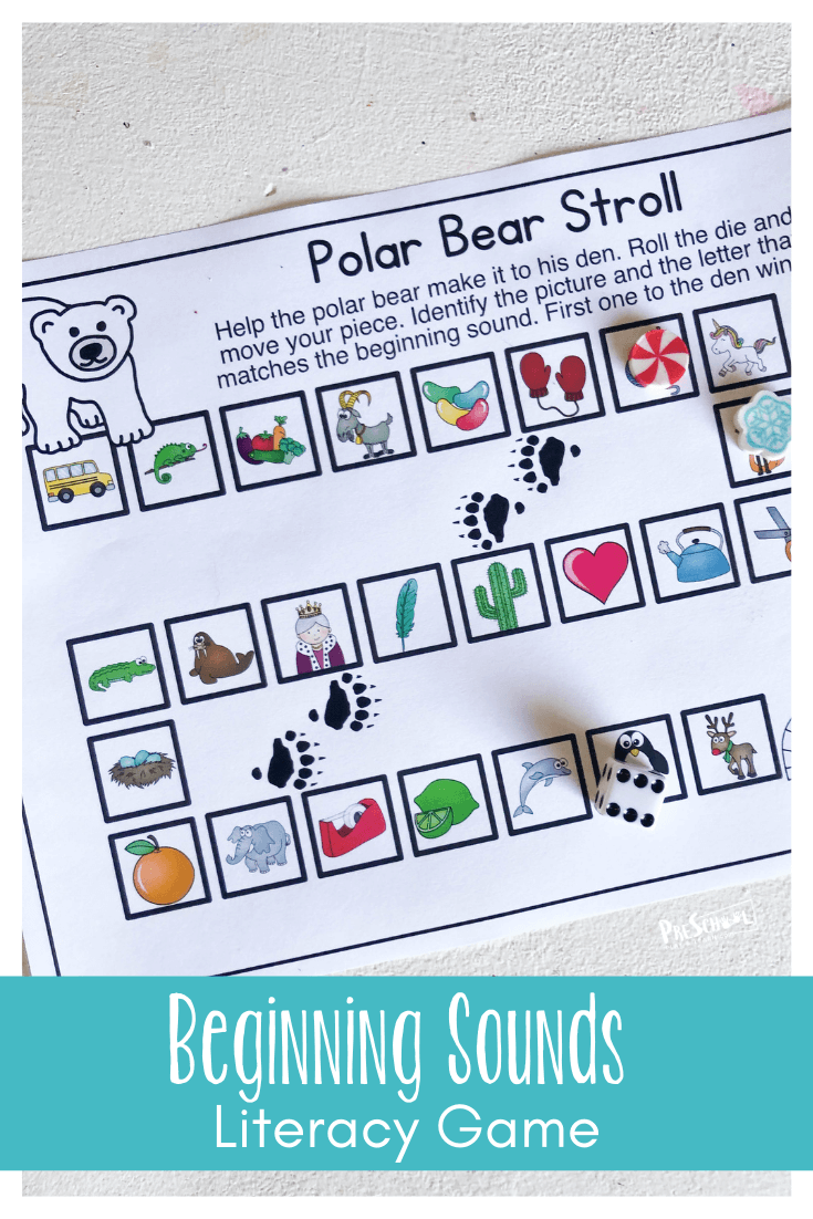 Beginning sounds worksheets can be so dull for our preschool kiddos, but they don't have to be. Engage your preschool, pre-k, and kindergarten age child in a fun winter printables that is an abc game where they unknowingly practice early literacy skills. Your child will love "racing" you to the end as you try to get your polar bear back to his den in this alphabet games. This is a great game to add to your list of winter activities for preschoolers. Simply print pdf file with alphabet games for kids and you are ready to practice letter recognition and phonemic awareness with young kids.
