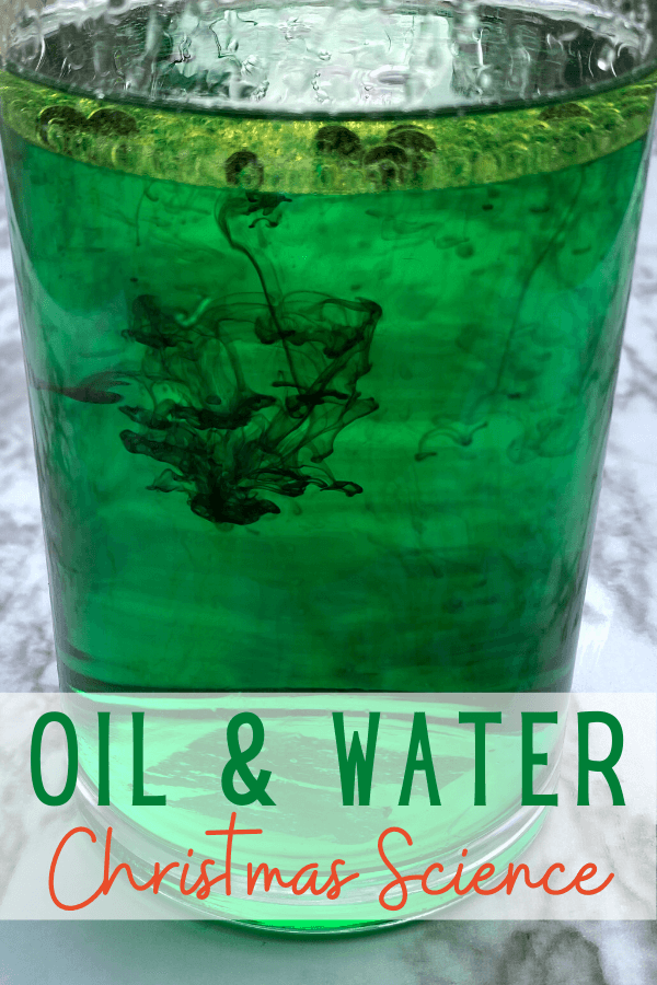 holiday themed oil and water experiment to sneak in some fun learning in December. This easy Christmas science experiment is fun for toddler, preschool, pre-k, kindergarten, and first grade students. This Christmas activities for preschoolers is the perfect way to get kids excited about science with a beautiful activity!