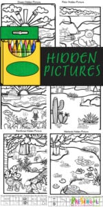 Toddler, preschool, pre-k, and kindergarten age kids will love these fun and free hidden picture worksheets. Children will have fun improving their visual perception and discrimination while strengthening fine motor skills with these fun preschool activity sheets. Download pdf file with hidden pictures printable pack with 5 pages to play I Spy games with!
