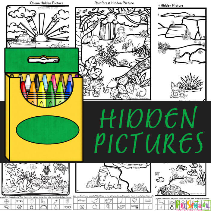 Toddler, preschool, pre-k, and kindergarten age kids will love these fun and free hidden picture worksheets. Children will have fun improving their visual perception and discrimination while strengthening fine motor skills with these fun preschool activity sheets. Download pdf file with hidden pictures printable pack with 5 pages to play I Spy games with!