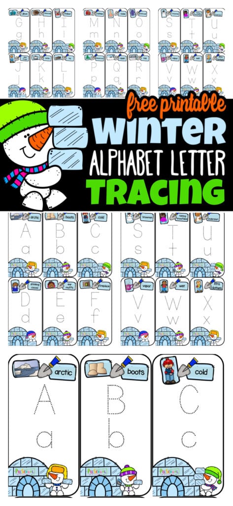 These super cute tracing cards are a fun free printable winter alphabet letters for toddler, preschool, pre-k, and kindergarten age students. Using these winter letter tracing, children will practice tracing upper and lowercase letters while learning some fun winter vocabulary too. Simply download and print the winter letters printable free pdf file to trace and erase for lots of practicing writing ABCs. Each winter alphabet tracing card has a cute snowman, igloo, letters to trace, and a winter item that starts with the featured alphabet letter. These super cute tracing cards are a fun free printable winter alphabet letters for toddler, preschool, pre-k, and kindergarten age students. Using these winter letter tracing, children will practice tracing upper and lowercase letters while learning some fun winter vocabulary too. Simply download and print the winter letters printable free pdf file to trace and erase for lots of practicing writing ABCs. Each winter alphabet tracing card has a cute snowman, igloo, letters to trace, and a winter item that starts with the featured alphabet letter.