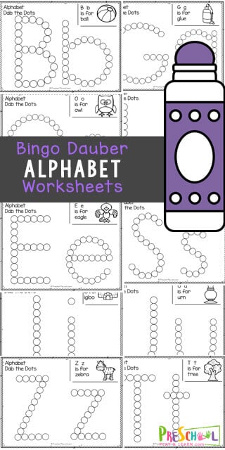 Kids will have fun practicing making the uppercase and lowercase alphabet letters with these super cute do a dot printables. Not only are bingo dauber markers fun to use, but they are great for strengthening hand muscles, working on 1:1 correspondence, and with these alphabet worksheets - they are great for learning your abcs. These abc printables are great for teaching toddler, preschool, pre-k, and kindergarten age students their lettesr a to z. Simply print pdf file with do a dot worksheets, grab your bingo markers,  and you are ready to play and learn.