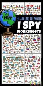 Help kids start to learn about countries around the world with these super cute, free printable I spy worksheets. There are over 36 i spy printables for toddler, preschool, pre-k, kindergarten, first grade, and 2nd grade students to complete. Using these I Spy Printable Worksheets children will love learning about countries for kids and their famous landmarks and icons about while working on their counting skills. Simply print pdf file with i spy free printables and you are ready to play and learn!