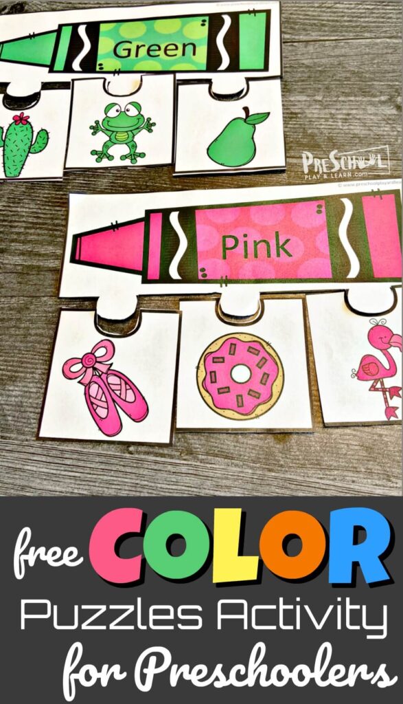 Help toddler, preschool, pre-k, and kindergarten age children work on color recognition with this color activity for preschoolers. This colors printable is such a fun way for kids to learn basic colors and color names too. These printable color puzzles are a preschool color activities free. Simply download pdf file with learning colors printables, print, and put together the puzzles to learn preschool colors of red, yellow, orange, pink, white, brown, black, green, and purple.