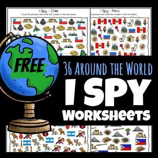Help kids start to learn about countries around the world with these super cute, free printable I spy worksheets. There are over 36 i spy printables for toddler, preschool, pre-k, kindergarten, first grade, and 2nd grade students to complete.  Using these I Spy Printable Worksheets children will love learning about countries for kids and their famous landmarks and icons about while working on their counting skills. Simply download pdf file with i spy free printables and you are ready to play and learn!
