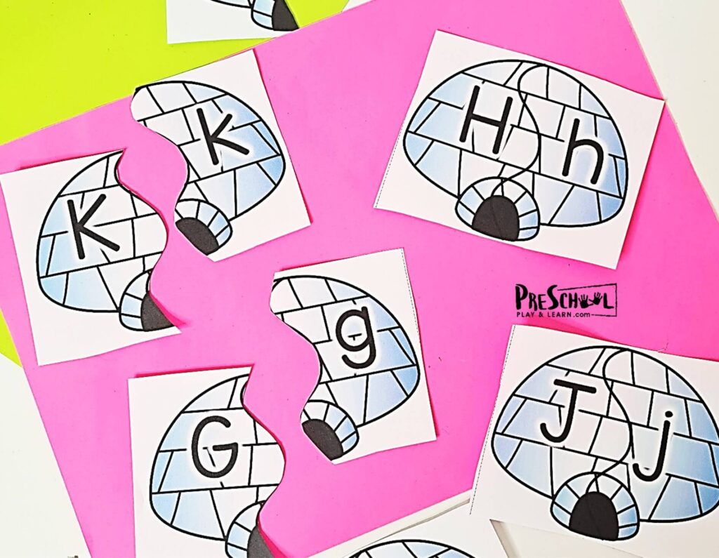 Brrr. Winter is here and January is cold! But the snow and winter makes for fun winter themes in preschool! These super cute, free printable alphabet puzzles have a fun igloo theme for kids to work on matching upper and lowercase letters this chilly season. Preschool kids will love these winter themed alphabet puzzles! Looking for a fun way to reinforce and practice alphabet lower and uppercase matching skills? These puzzle cards will have kids identifying the letters and finding their identical match. The puzzles are very simple to print and prepare, perfect for independent practice and morning tubs.