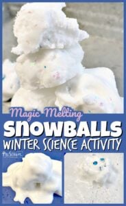 Sneak in some winter fun with this fun, educational melting snowballs this December or January. This winter science experiment helps toddler, preschool, pre-k, kindergarten and first grade students learn and explore snow with a baking soda and vinegar experiment that is sure to leave a lasting impression. THis winter activities for preschoolers is sure to be a huge hit with your children!