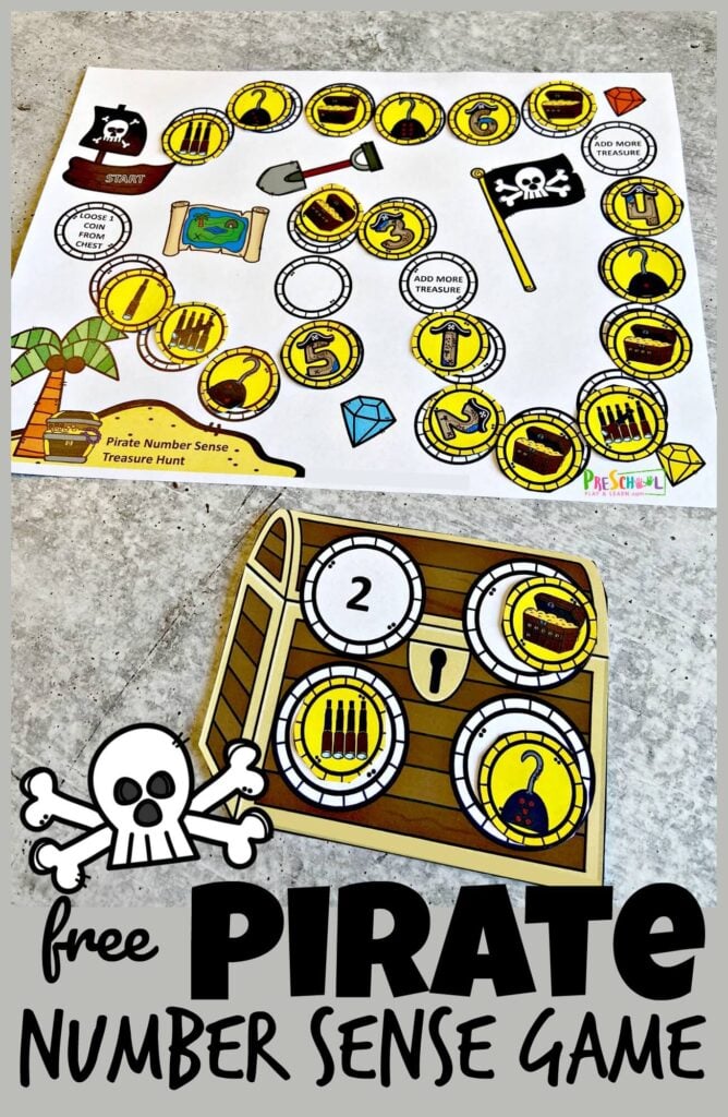 Is your preschool, pre-k, or kindergarten age childen learning number sense? If so this super cute Pirate themed number sense activities is the perfect way to help learn number sense for kids while having fun. For this pirate printable children will move around the number sense games board to plunder gold coins to fill up their treasure chests - all the while working on a number sense activity! Simply print pdf file with number activities for preschoolers and you are ready to learn!