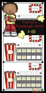 These super cute popcorn playdough mats are a fun way for toddler, preschool, pre-k, and kindergarten age children to practice counting to 10, tracing numbers, learning number words, using a ten frame, and visualizing the value of numbers. These playdough mats are such a cute math activity for preschoolers for your next popcorn theme of for National popcorn day on January 19th. Kids will have fun improving their visual perception while strengthening fine motor skills and counting skills with these number playdough mats. Simply download pdf file with free printable playdough mats and you are ready to play and learn.