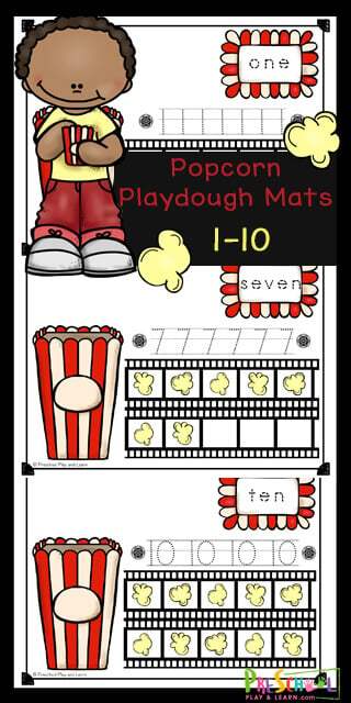 These super cute popcorn playdough mats are a fun way for toddler, preschool, pre-k, and kindergarten age children to practice counting to 10, tracing numbers, learning number words, using a ten frame, and visualizing the value of numbers. These playdough mats are such a cute math activity for preschoolers for your next popcorn theme of for National popcorn day on January 19th. Kids will have fun improving their visual perception while strengthening fine motor skills and counting skills with these number playdough mats. Simply print pdf file with free printable playdough mats and you are ready to play and learn.