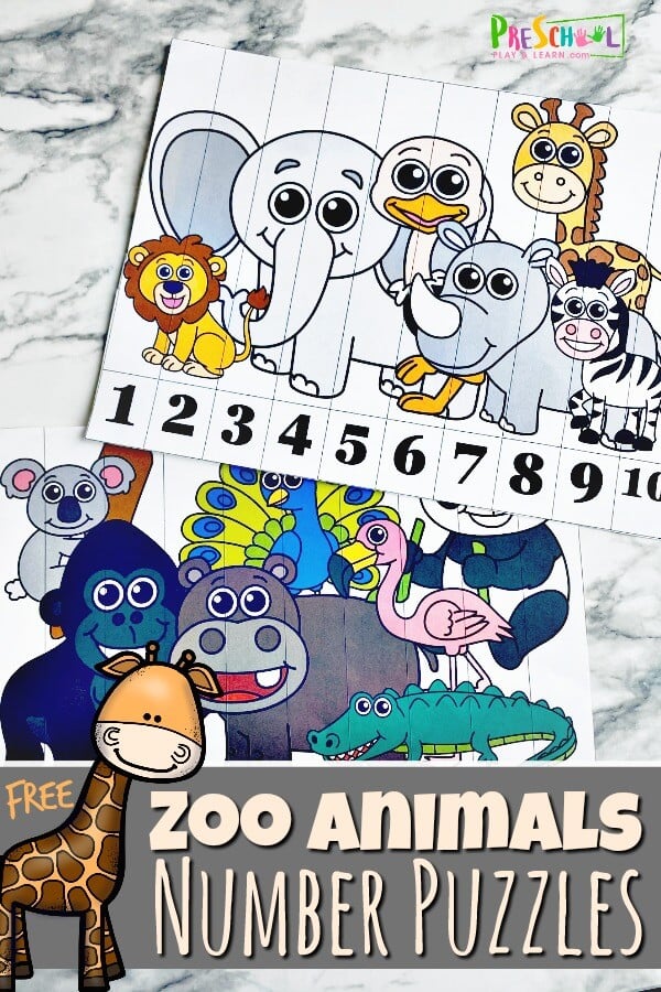 Number puzzles are a super simple and extra fun way for children to practice counting and number order. These Zoo Animals Number Puzzles set focuses on the numbers 1-10. Simply print pdf file with zoo printables and you are readyto practice counting to 10 with toddler, preschool, and pre-k students. 