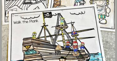 Do you have a little pirate fan in your crew? These super cute, pirate coloring pages will be a hit with your buchaneer as they get to color scenes from an exciting pirate life! These pirate pictures to colour are perfect for toddler, preschool, pre-k, kindergarte, first grade, and 2nd graders. THere are several pages of pirate coloring from pirate digging up treasure on an island to pirate life on a wooden pirate ship, and sailing as pirates of the caribean!  Simply download pdf file with pirate coloring sheets and you are ready to strengthen hand muscles and have fun with these free coloring pages!
