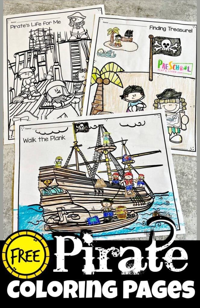 Do you have a little pirate fan in your crew? These super cute, pirate coloring pages will be a hit with your buchaneer as they get to color scenes from an exciting pirate life! These pirate pictures to colour are perfect for toddler, preschool, pre-k, kindergarte, first grade, and 2nd graders. THere are several pages of pirate coloring from pirate digging up treasure on an island to pirate life on a wooden pirate ship, and sailing as pirates of the caribean!  Simply print pdf file with pirate coloring sheets and you are ready to strengthen hand muscles and have fun with these free coloring pages!