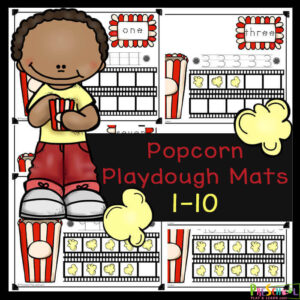These super cute popcorn playdough mats are a fun way for toddler, preschool, pre-k, and kindergarten age children to practice counting to 10, tracing numbers, learning number words, using a ten frame, and visualizing the value of numbers. These playdough mats are such a cute math activity for preschoolers for your next popcorn theme of for National popcorn day on January 19th. Kids will have fun improving their visual perception while strengthening fine motor skills and counting skills with these number playdough mats. Simply download pdf file with free printable playdough mats and you are ready to play and learn.