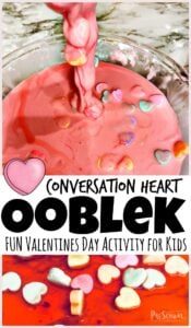 Celebrate Valentines Day in February by whipping up a batch of this realy fun Conversation Heart Ooblek! Making ooblek is quick and easy and loads of fun as this substance is hard in yoru hand and then drizzles out of your hand - WOW! This valentines day activity is perfect for toddler, preschool, pre-k, kindergarten, first grade, and 2nd grade students.  The cute heart candies in the ooblek recipe make this valentines day activities for preschoolers extra fun!