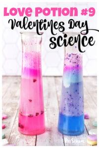 Make science come alive for kids with this Valentine's Day Science project for toddler, preschool, pre-k, kindergarten, first grade, and 2nd grade students. Children will make a love potion number 9 in this valentines day activities. This science valentines is like a diy lava lamp for February so get ready to concoct  a bubbling and active brew. 