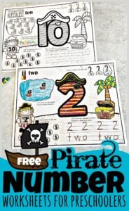 Make practicing counting, tracing numbers 1-10, and learning number words fun with these super cute, Pirate number worksheets for preschoolers. These pirate worksheets allow toddler, preschool, pre-k, and kindergarten age students to learn their numbers, number sense, and practice counting to 10 while having fun. These free printable pre k worksheets are so cute kids are going to be excited to learn! Simply print pdf file with number tracing worksheets and you are ready to start playing and learning with this cute, free printable pirate themes printables.