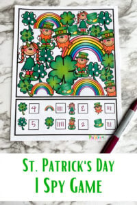 Have fun with this st patricks day game that works on visual discrimination, counting, and more for a fun St Patricks Day Preschool. This st patricks day i spy is perfect for toddler, preschool, pre-k, and kindegarten age students.  Simply download pdf file with free st patrick's day printables and you are ready to play and learn this March with a st patricks day activities for preschoolers.