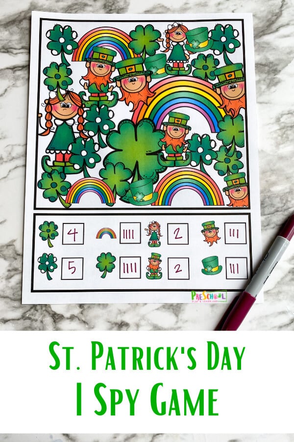 Have fun with this st patricks day game that works on visual discrimination, counting, and more for a fun St Patricks Day Preschool. This st patricks day i spy is perfect for toddler, preschool, pre-k, and kindegarten age students.  Simply print pdf file with free st patrick's day printables and you are ready to play and learn this March with a st patricks day activities for preschoolers.