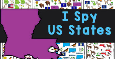 Young children will love learning about the fifty states of the United States of America, while working on their counting skills, with these super cute, free printable I spy worksheets. There are 50 i spy printables for toddler, preschool, pre-k, kindergarten, first grade, and 2nd grade students to complete while learning about United states for kids.  Using these I Spy Printable Worksheets children will love learning about USA for kids and famous landmarks and icons for each state. Simply download pdf file with i spy free printables and you are ready to play and learn!